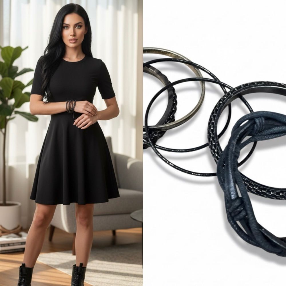 Black Bracelet Stack Set Boho Layered Bangles & Adjustable Leather Bracelet